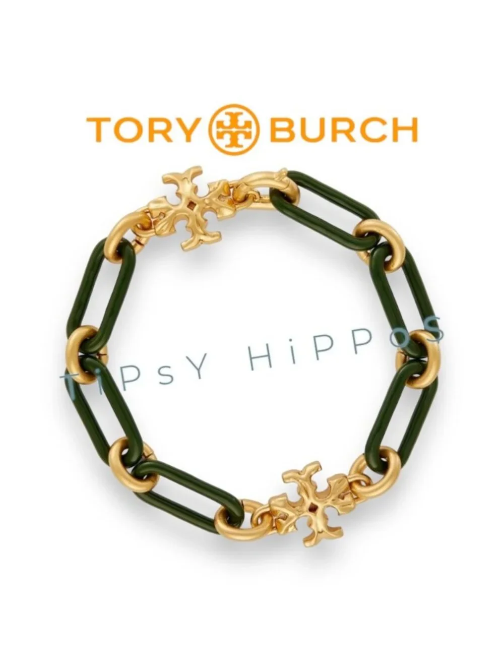Tory Burch Women's Gold & Green Link Roxanne Bracelet With Logo